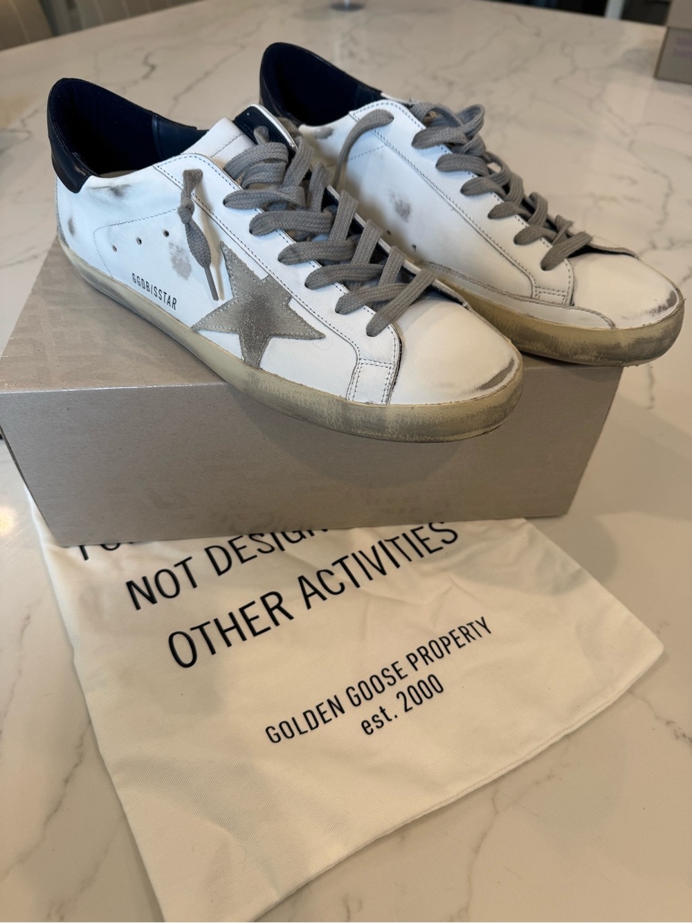 Men’s Golden Goose SuperStars White with Silver Suede Star and Navy Heel size 44